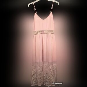 💥Light Peachy🍑Pink Linen Feel Lined Midi Dress w/Spaghetti Straps,lace accent